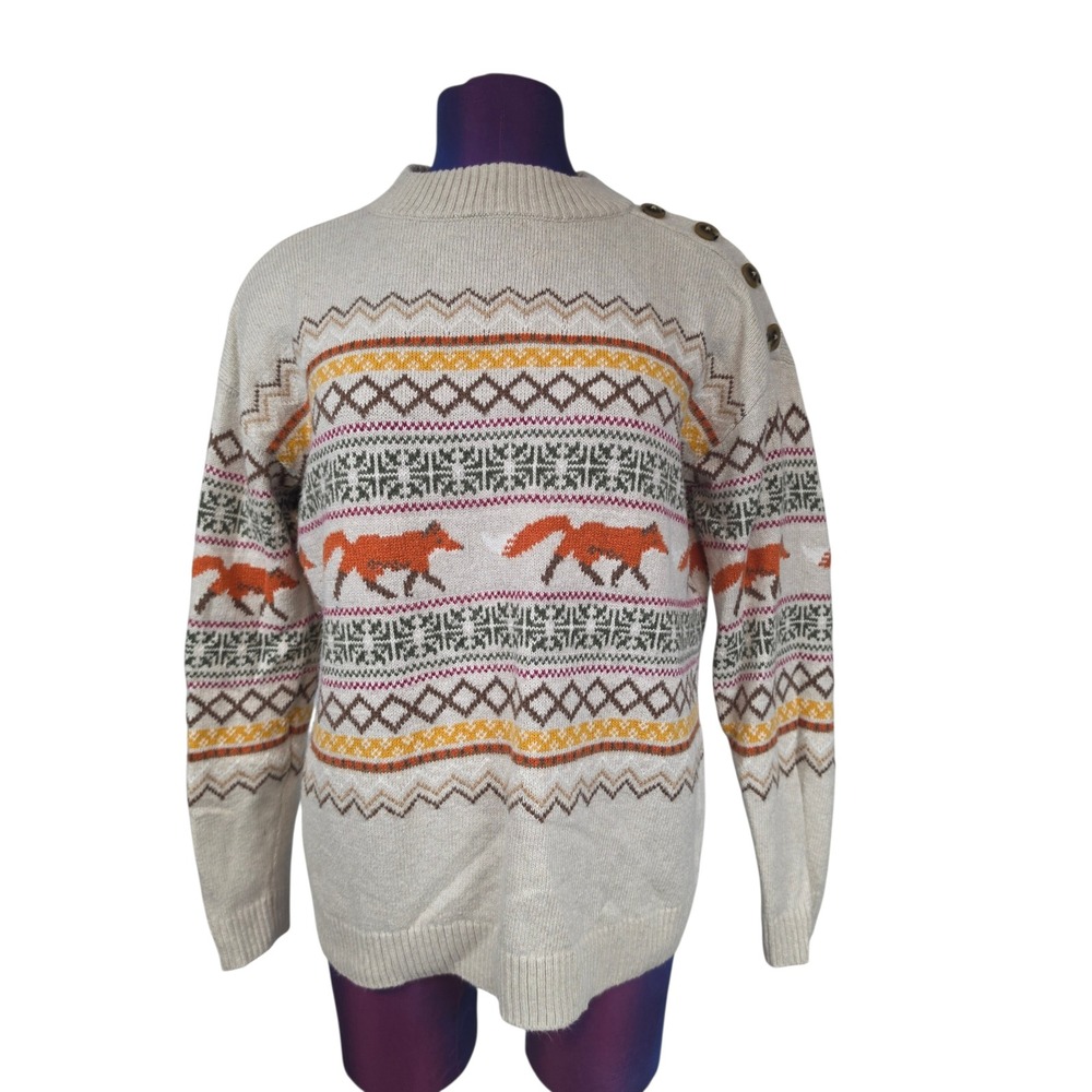 Talbots Womens Fox Fair Isle Button Shoulder Sweater Oatmeal Orange Size M - Picture 7 of 7